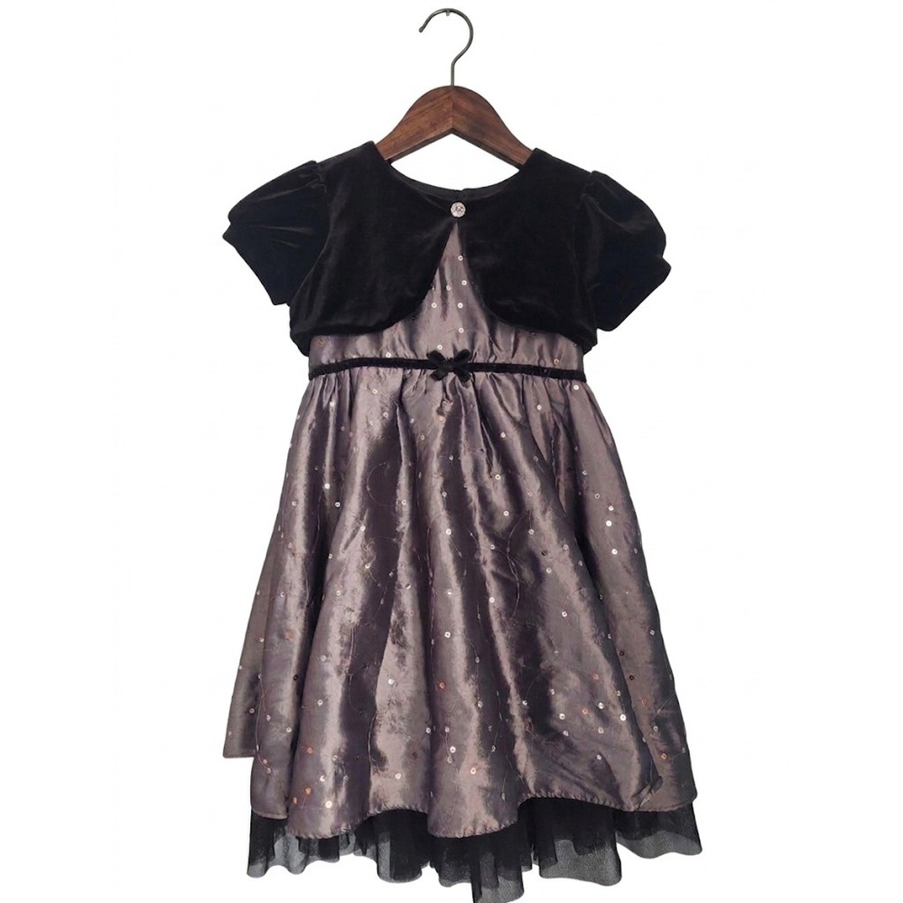 Jona Michelle Girls Black Velvet Metallic Grey Sequin Holiday Party Dress